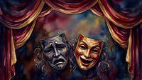 Theatrical tragedy and comedy masks with gold accents displayed against dramatic curtains and moody backdrop, symbolizing performing arts and drama for entertainment industry projects.