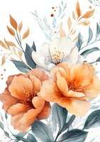 Delicate watercolor floral arrangement featuring peach and white blooms with dusty blue leaves and copper botanical elements on white background, suitable for wedding stationery.