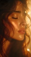 Close-up profile of woman with glowing skin in warm golden sunlight, eyes closed peacefully, curly hair illuminated by sunset glow.