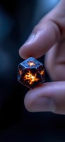 Glowing magical dice held between fingers against dark background, featuring mysterious orange light emanating through cracked surface pattern. Fantasy gaming concept.