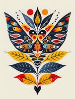 Decorative folk art composition with stylized fish and leaves in navy blue, red, and yellow colors on light background. Symmetrical floral arrangement with ethnic motifs.