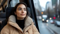 Young woman with dark hair wearing beige coat and black turtleneck gazes thoughtfully through car window during urban commute, soft bokeh city lights in background.