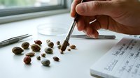 Scientist hand examining various seeds with a brush on white table, tweezers and notebook with notes visible, botanical research.