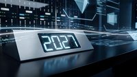 Futuristic digital display showing 2024 year number in modern tech environment with glowing blue lights and data streams for business presentations.