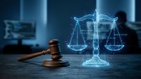 Digital justice scales hologram with wooden gavel on desk in modern law office. Futuristic legal technology concept for attorney services and court proceedings.