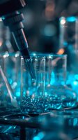 Laboratory pipette dispensing liquid into test tube with glowing blue chemicals in scientific research environment. Perfect for medical studies.