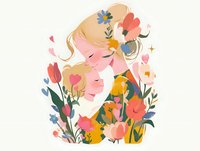 Young blonde woman surrounded by spring flowers and hearts in soft pastel colors, artistic illustration with floral elements and decorative details on light background.