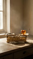 Vintage brass balance scale with amber heart on wooden table by window in warm sunlight for romantic love concept and antique home decor styling.