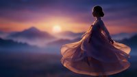 Woman in flowing dress watching sunrise over misty mountains, peaceful meditation moment, spiritual awakening concept for wellness and mindfulness content.