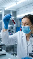 Female scientist in lab coat and mask examining blood sample test tube in modern laboratory for medical research and diagnostic testing.