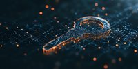 Digital key made of glowing particles and network connections on dark background with orange light effects and bokeh, representing cybersecurity and access control.