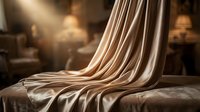 Luxurious champagne silk fabric draped elegantly on surface with soft golden lighting, showcasing smooth texture and flowing folds for luxury design projects.