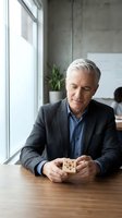 Senior male professional, Caucasian, wearing dark blazer and blue shirt, holding wooden puzzle cube at desk in modern office with concrete walls and natural light from window.