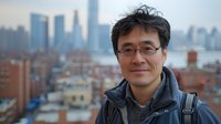 Professional Asian male wearing glasses and casual winter attire smiling at camera against urban cityscape background, perfect for business, diversity, or lifestyle content marketing.