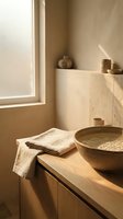 Minimalist bathroom interior with wooden vanity, ceramic basin, natural linen towel, and neutral stone shelving bathed in warm sunlight from window. Spa and wellness design.