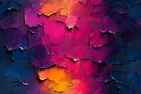 Vibrant abstract oil painting with thick textured layers in pink, orange and deep blue tones creating dramatic peeling effect on canvas surface.
