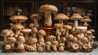 Collection of carved wooden mushrooms in various sizes and designs arranged on wooden stands, showcasing intricate natural patterns and textures in warm brown tones.