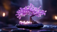 Glowing purple bonsai tree with twisted trunk on stone platform surrounded by illuminated candles creates magical atmosphere against dark background.