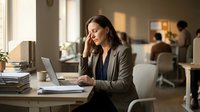 Stressed businesswoman with headache working on laptop in modern office environment during busy workday.
