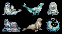Watercolor seal clipart set with six cute designs, isolated on transparent background. Great for stickers, t-shirt design, print on demand, and sublimation projects.