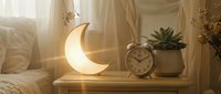 Cozy bedroom nightstand with glowing crescent moon lamp, vintage alarm clock and succulent plant creating warm ambient lighting for relaxation and sleep.