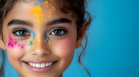 Young woman with bright creative makeup and colorful paint splashes on face smiling against blue background, showcasing joyful artistic beauty expression.