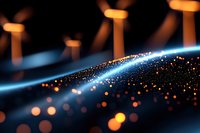 Abstract glowing particles with blue light wave against dark background, creating futuristic digital technology visualization for tech presentations.