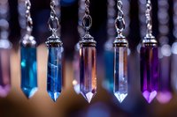 Colorful crystal pendant necklaces hanging in row displaying blue amber clear purple gemstone jewelry for spiritual healing and fashion accessories.