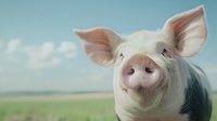 Young pink pig with large ears looking directly at camera against blurred rural farm background with blue sky, showing curious and friendly expression.