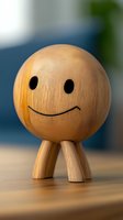 Wooden smiling emoji figurine with tiny legs on table surface, close-up shot with soft bokeh background showing craftsmanship and natural wood texture details.