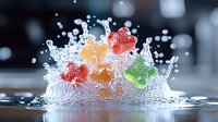 Colorful gummy bears splashing in crystal clear water with dynamic water drops and crown splash effect creating energetic motion on dark background.