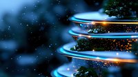 Magical spiral light trails with glowing blue and orange neon effects swirling around green foliage against dark background with bokeh and sparkles.