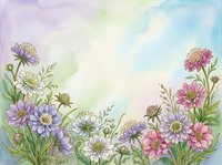 Watercolor wildflowers in soft pink, purple and white tones on a pastel gradient background, perfect for greeting cards and spring designs.