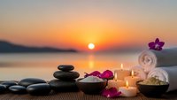 Spa wellness setup with stacked stones, candles, towels and orchid flowers at sunset over calm water for relaxation and meditation therapy treatments.