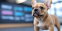 Curious French Bulldog puppy with fawn coat looking up attentively against blurred modern interior background, showcasing characteristic bat ears and wrinkled face.