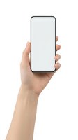 Female hand holding modern smartphone with blank white screen isolated on white background for app presentation and mobile technology mockup.