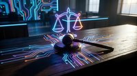 Neon scales of justice glowing on desk with gavel and circuit board pattern, symbolizing law, technology, and legal innovation in modern courtroom or law firm environment.
