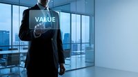 Professional businessman touching virtual value button in modern office with city skyline view through glass windows for business strategy presentations.