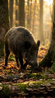Wild boar foraging among fallen autumn leaves in golden sunlit forest with warm backlighting and natural woodland atmosphere.