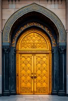 Ornate golden double door with intricate Islamic patterns and decorative carvings, framed by traditional Moorish archway in dark turquoise. Ancient architectural entrance.