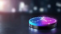 Glowing circular platform with blue and pink neon light effects against dark background, futuristic stage with magical sparkles and bokeh lighting effects.