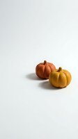 Two miniature pumpkins in orange and yellow colors isolated on white background for autumn seasonal decorations and Halloween crafts.