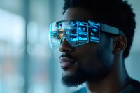 Young African American man wearing futuristic smart glasses with holographic display interface for augmented reality technology and digital innovation.