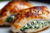Juicy chicken breast stuffed with creamy spinach filling, seasoned and pan-seared to golden brown perfection, served on white plate with rich sauce.