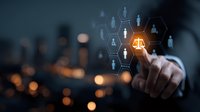 Digital justice concept with businessman touching virtual scales icon on futuristic interface against blurred city lights background.