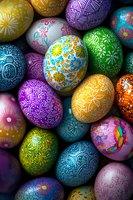 Colorful decorated Easter eggs with intricate floral and geometric patterns in vibrant colors including purple, yellow, blue, green, and pink arranged in festive holiday display.
