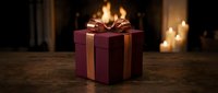 Elegant burgundy gift box with golden ribbon sits on rustic wooden table near cozy fireplace with warm candlelight creating festive holiday atmosphere.