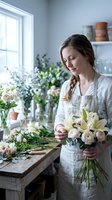 Woman florist arranging fresh cut flowers in bright studio workspace with natural light, creating bouquet with roses and lilies for floral design business or small shop operations.