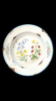 Vintage ceramic plate with blue rim and floral botanical illustrations including strawberries and wildflowers, isolated on transparent background. Ready for clipart, print-on-demand, sublimation, and design projects.