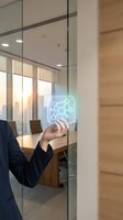 Businessman touching glowing network icon in modern office with glass walls and conference room background for digital connectivity concepts.